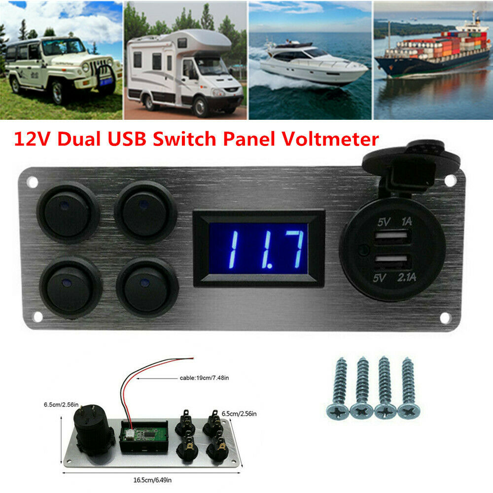 12V 10A 2 USB Switch Panel Voltmeter Car Charger Power Socket Rocker Boat Marine