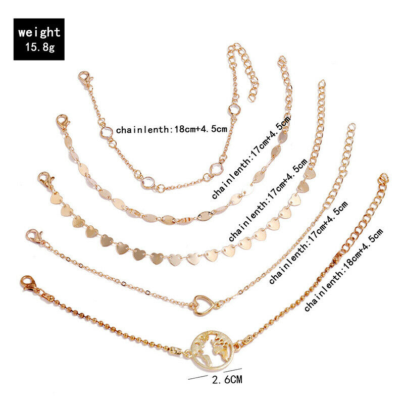 5Pcs Geometric hollow heart Women Tassels Leaves Circular Chains Bangle J.l8