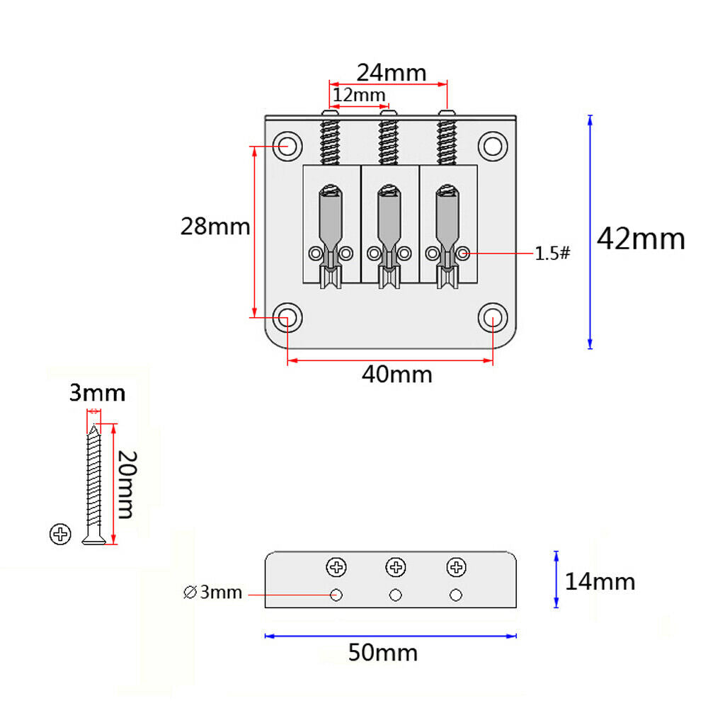 3-string Guitar Hardtail Bridge for Cigar Box Guitar w/ Wrench & Screws