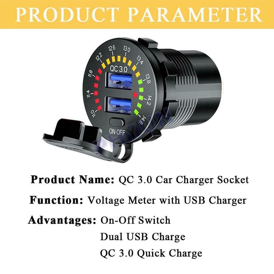12-24V Car USB Socket Dual USB Charger LED Voltage Meter On Off Switch Universal