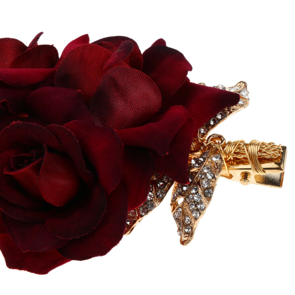 15x7cm Red Cloth Rose Wedding Hair Pins for Brides with Bling Rhinestones