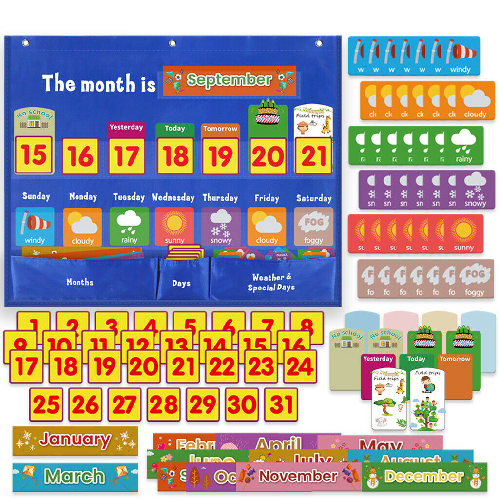 24"x18" Weekly Weather Pocket Chart Education Hanging Bag Teaching Aid Toys