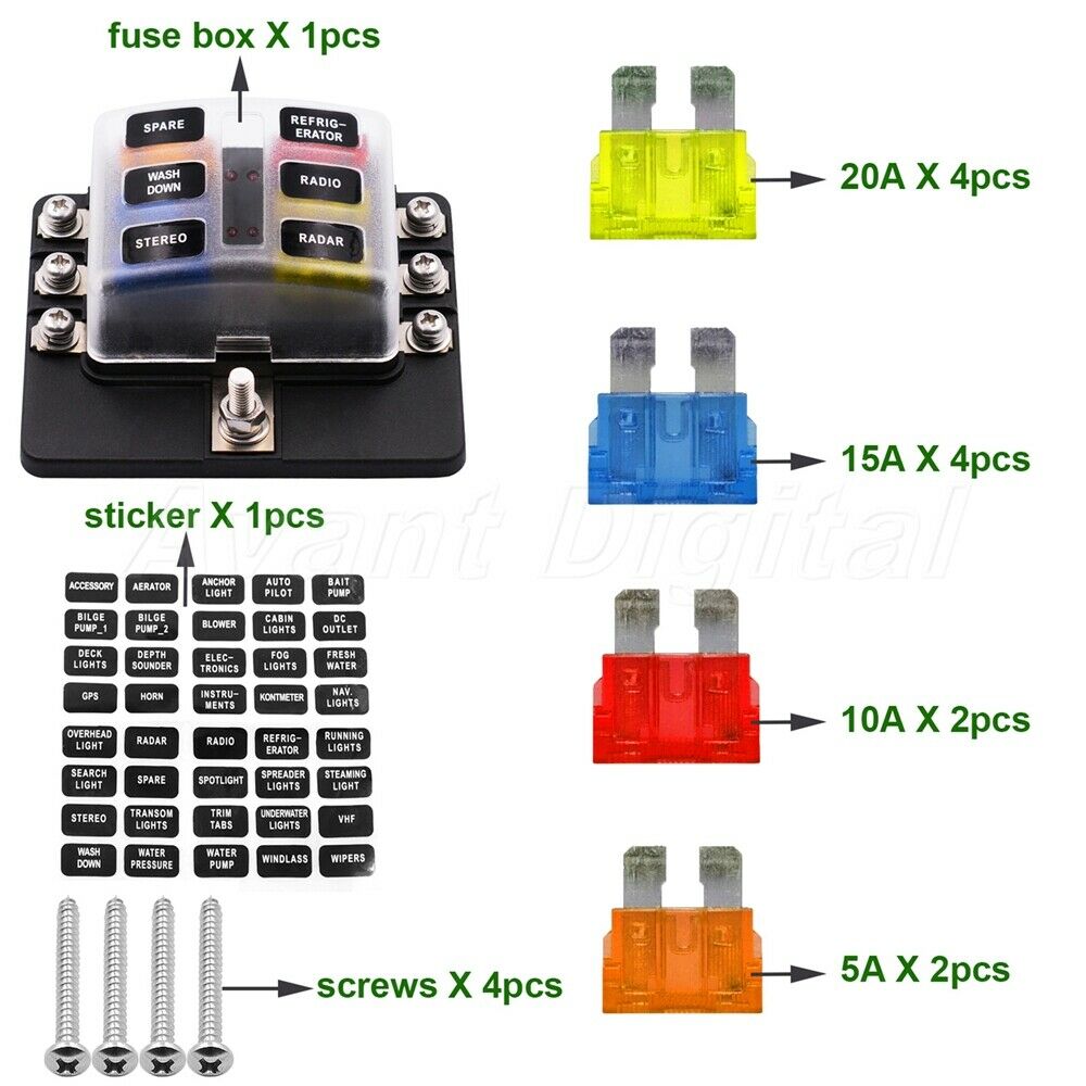 6 Way Blade Fuse Box Holder 12V/32V Fuse Box Kit with Cover &LED Indicator Light