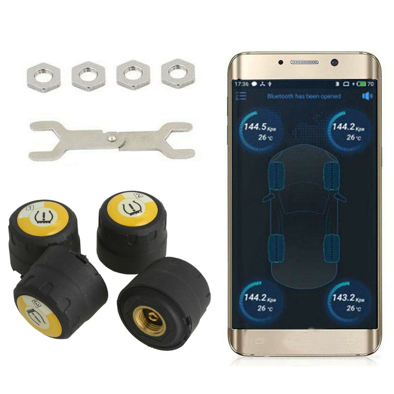 Car Bluetooth TPMS Monitor Alarm System For Andriod IOS Tire Pressure 4 Sensors