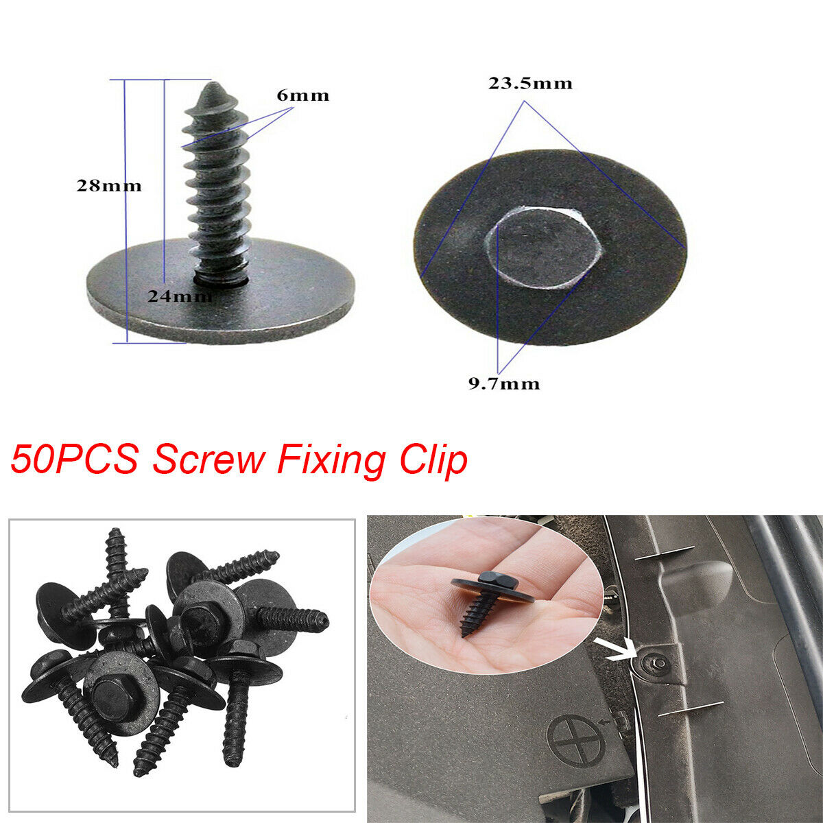 50PCS Metal Car Screw Body Fender Bumper Fixing Clip 9.7MM Hexagon (6-28mm)