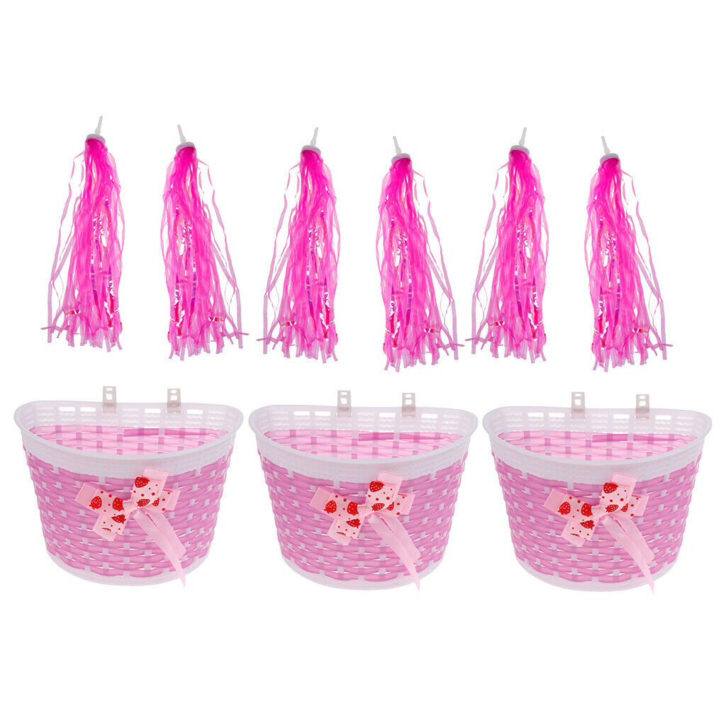 3x Kids Girls Front Basket Tricycle Shopping Holder Grip Tassels Streamers