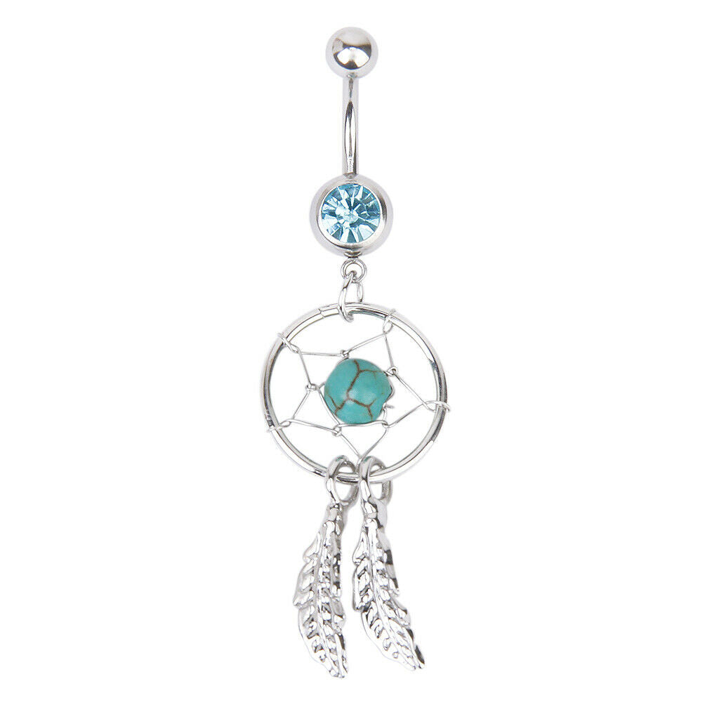 2 Pcs 14G Stainless Steel Barbell Crystal Dream Catcher Dangle Navel Belly Ring