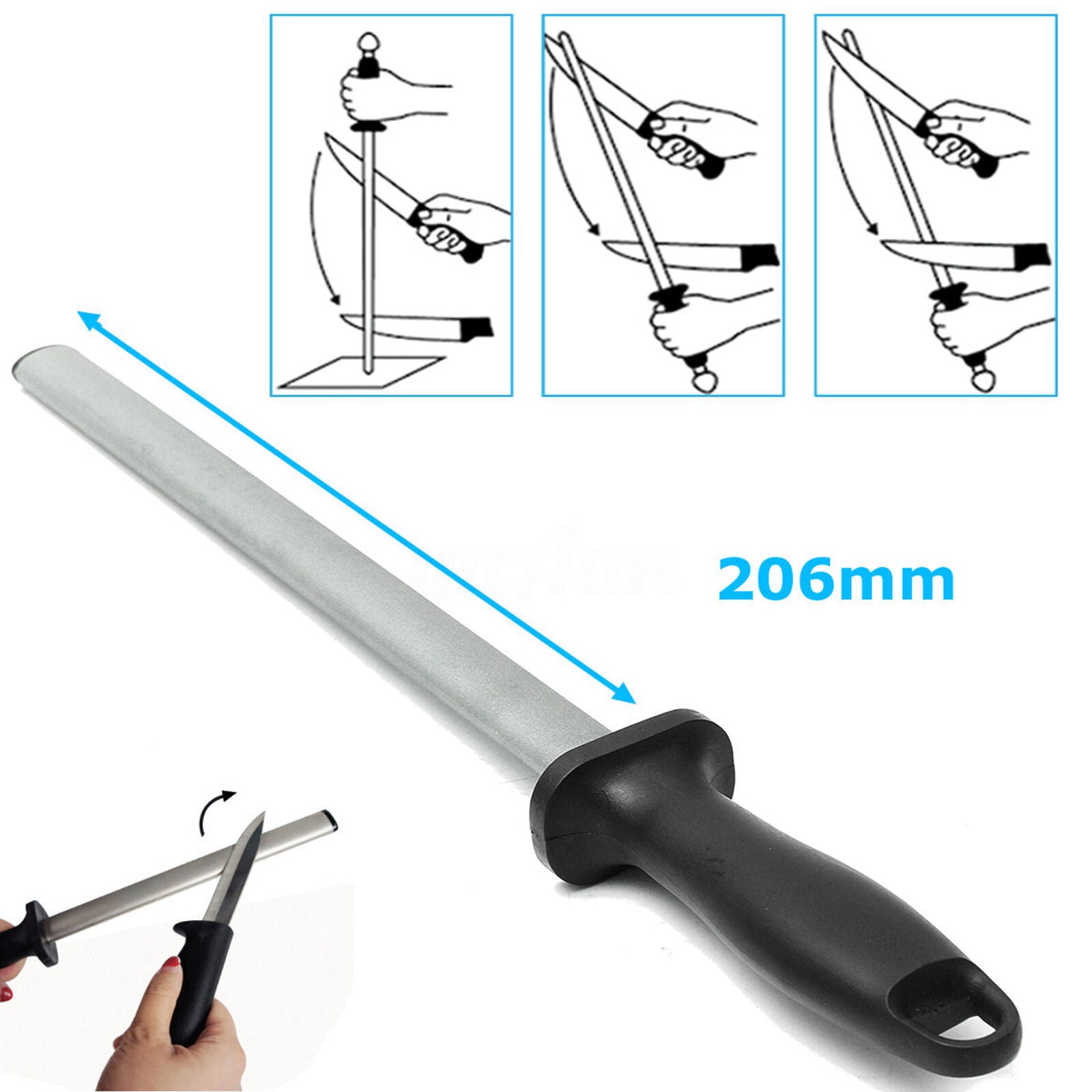8 Inch 600Grit Diamond Kitchen Sharpening Carbon Steel Rod Sharpener Stone Tool