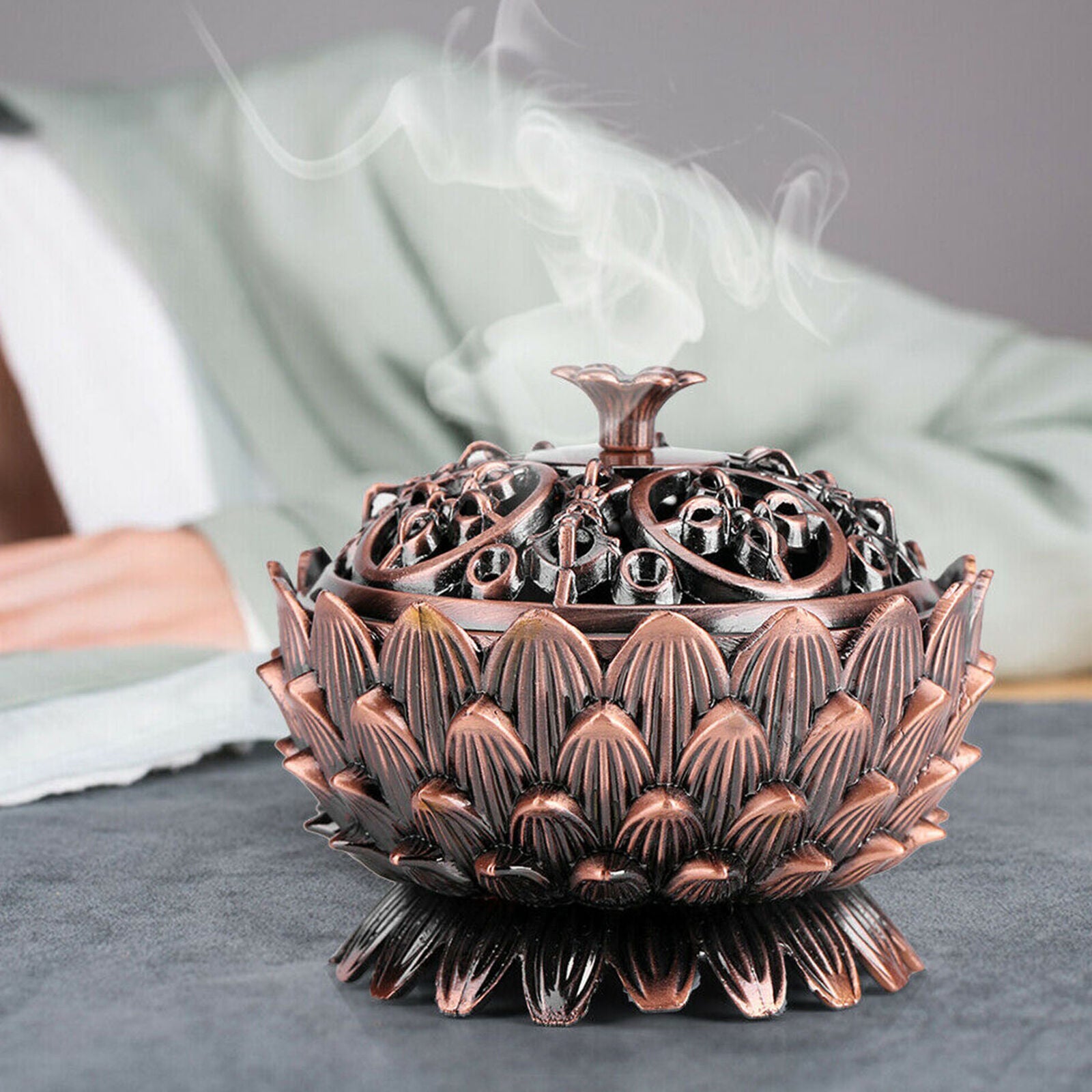 Chinese Lotus Cone Incense Burner Holder Flower Statue Censer Home Office Decor