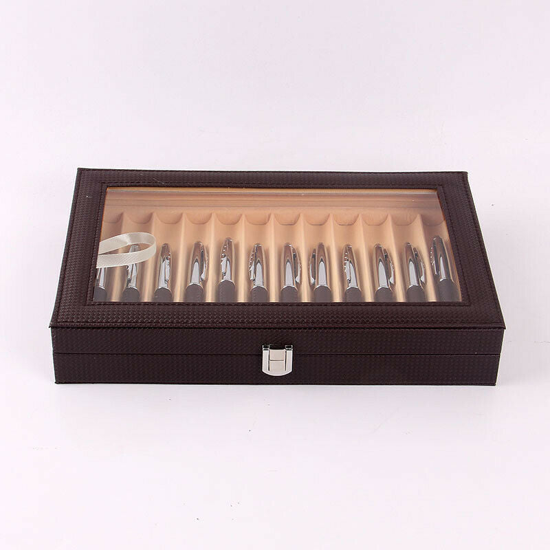 12 Slot Wood PU Leather Fountain Pen Display Case Storage Collector Box Coffee