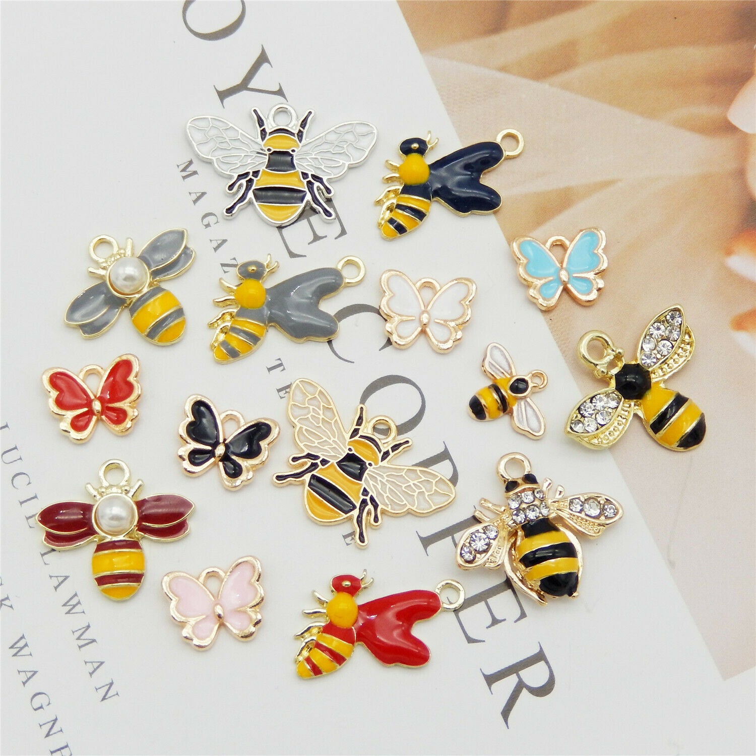 15 pcs Enamel Butterfly and Bee Charm Bulk Pendant Jewelry Making Findings 1-2cm