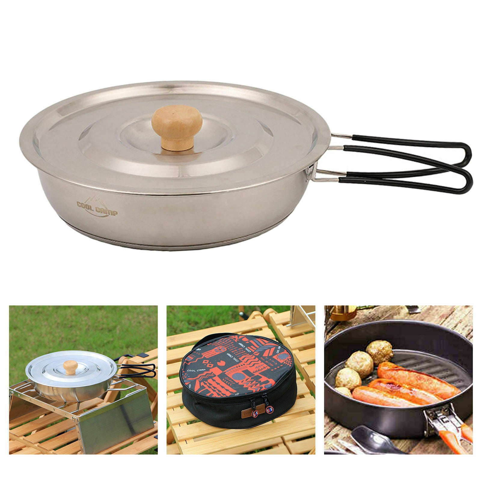 Stainless Steel Camping Frying Pan Pot with Folding Handle for Backpacking