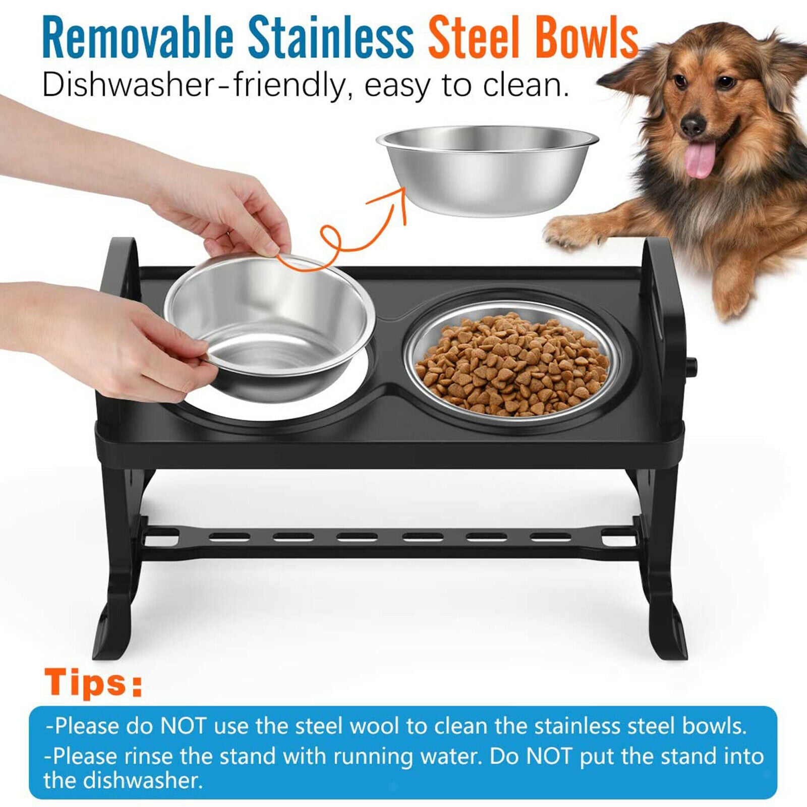 2X Elevated Dog Bowls with Stainless Steel Bowls Detachable Food Water Dish L