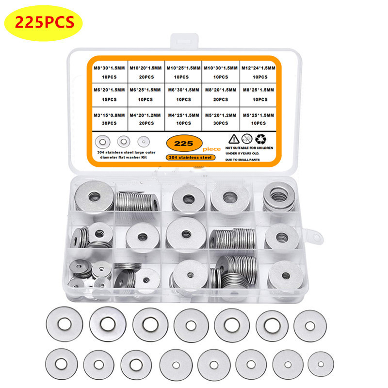 225Pcs 304 Stainless Steel Washer/gasket Set M3-M12 15 Sizes Hardware Washers