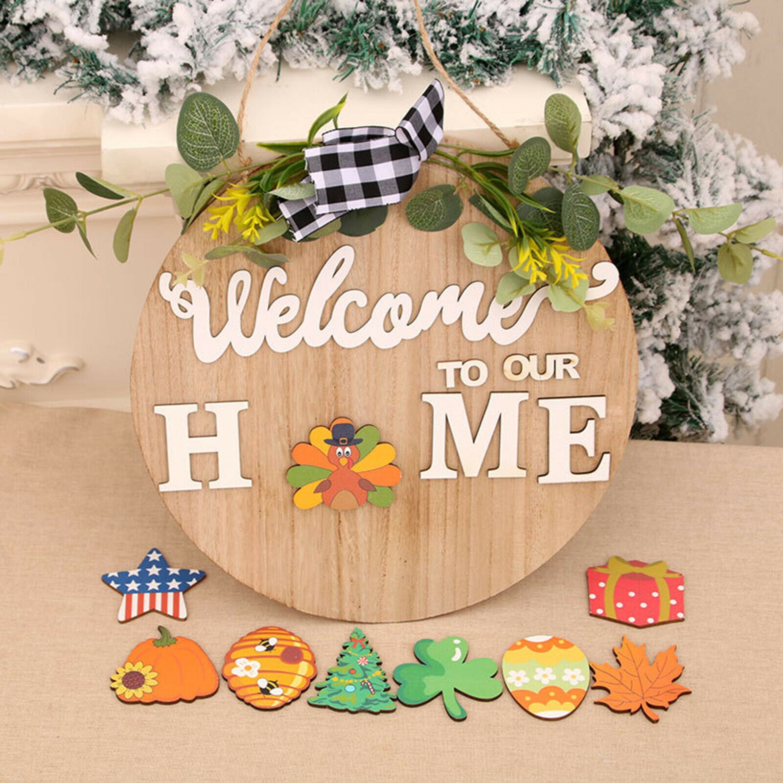 Front Door Decor Wooden Seasonal 11.8 inch Round Icons for All Seasons