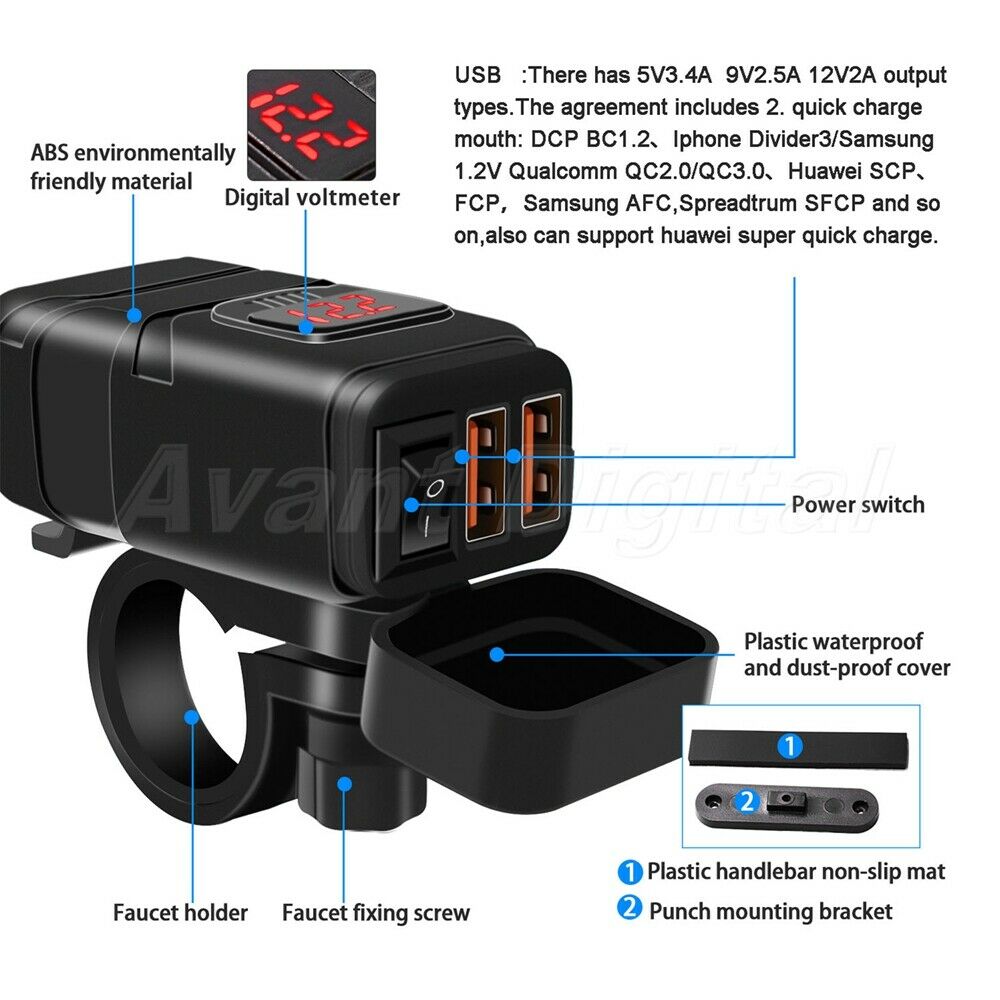 12V Motorcycle SAE to QC3.0 Dual USB Quick Charger With LED Voltmeter & Switch