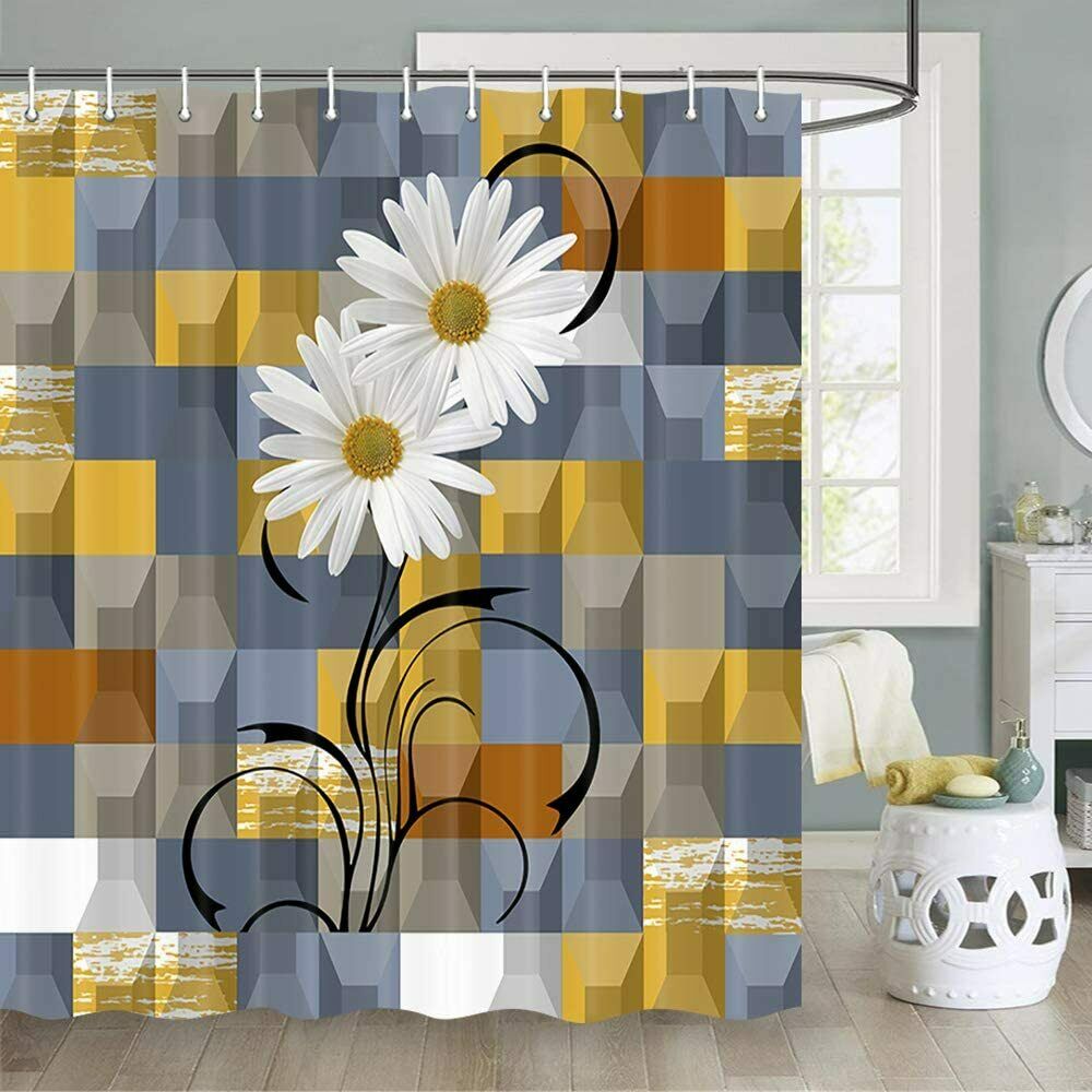 Daisy Flower Against Colorful Geometric White Daisy Field Blooms Shower Curtain