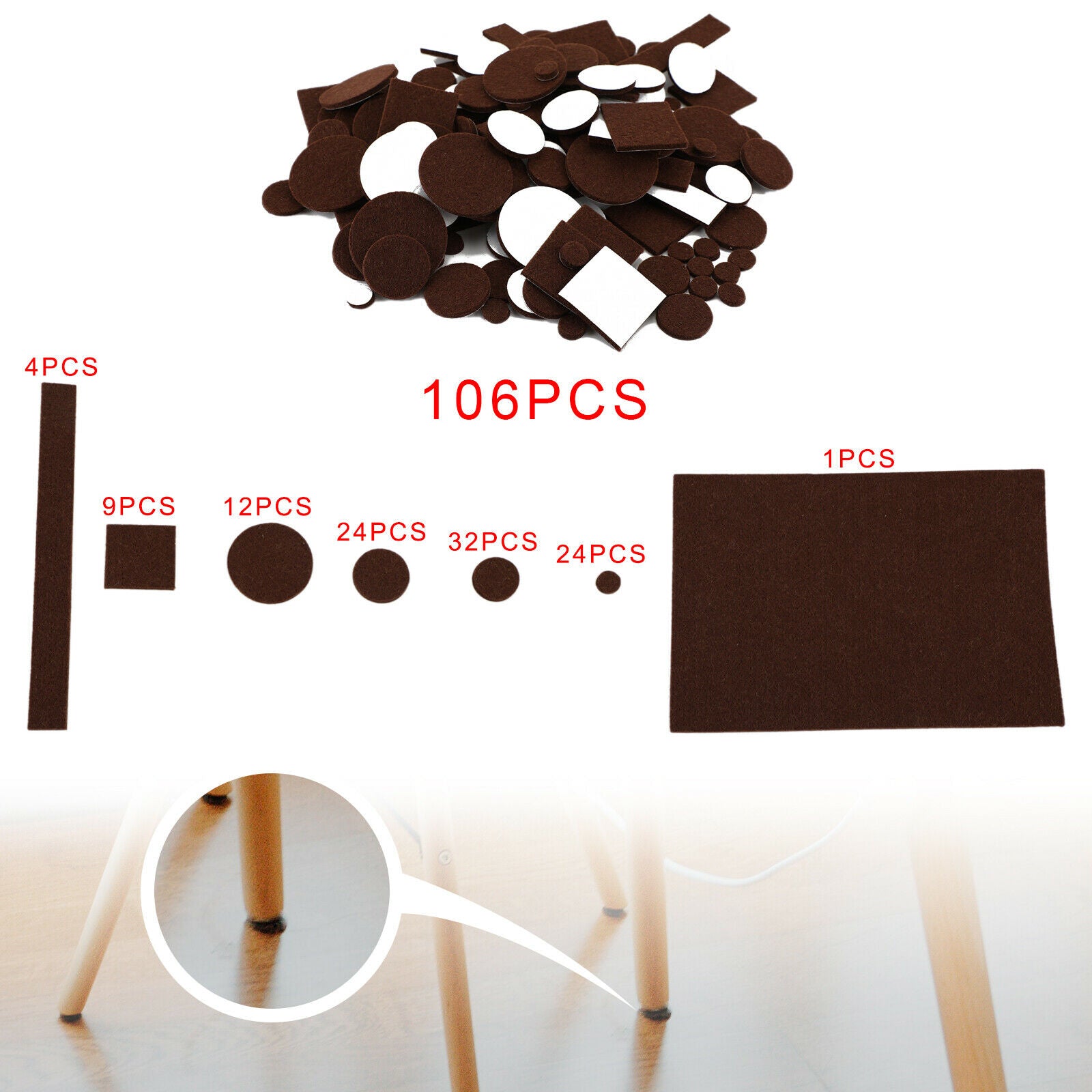 106Pcs Furniture Pads Chair Leg Floor Protectors Felt Pads Hardwood Floors Brown