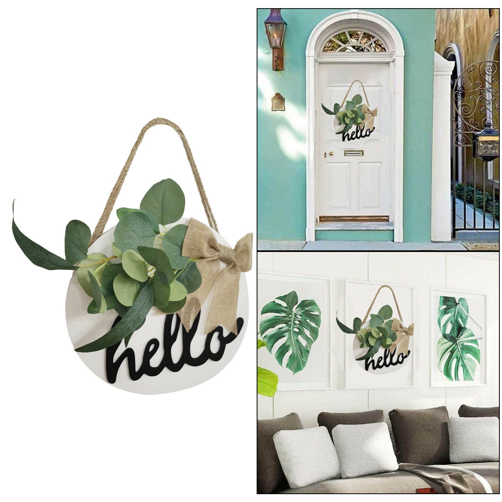 Wood Hello Sign Front Door Decor Farmhouse Hanging Sign Door Wreaths White