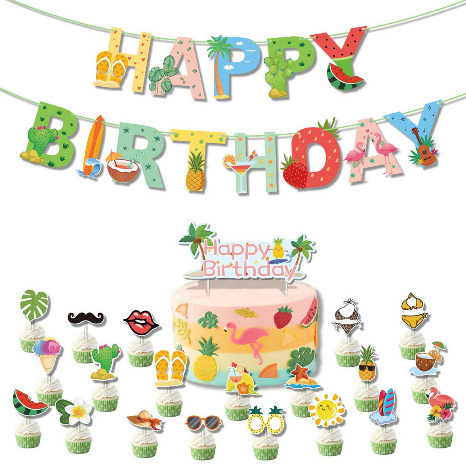 Tropical Balloons Garland Set with Tropical Leaves and Pineapple Banner for