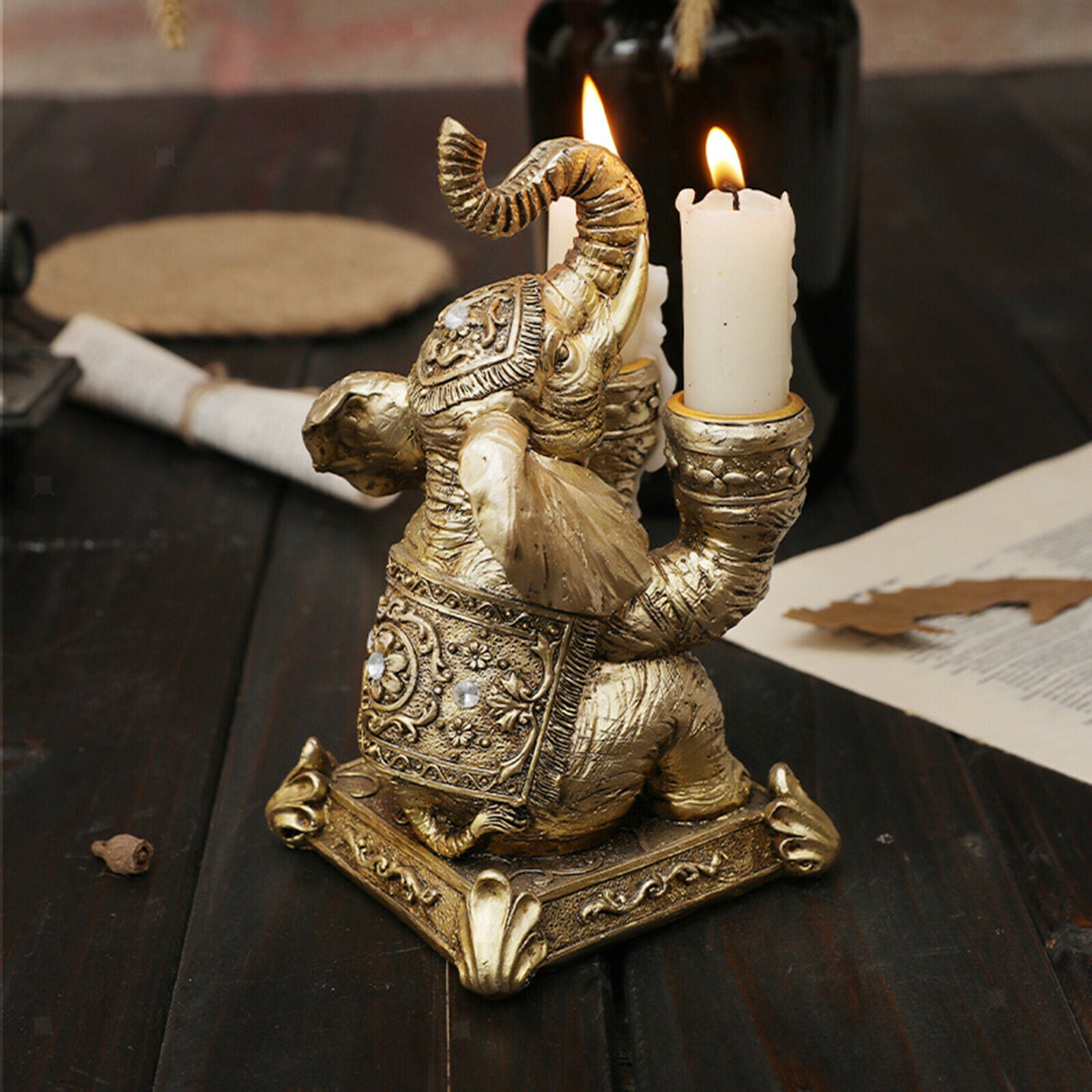 Elephant Shape Double Slot Taper Candle Holders Candlestick Home Ornament