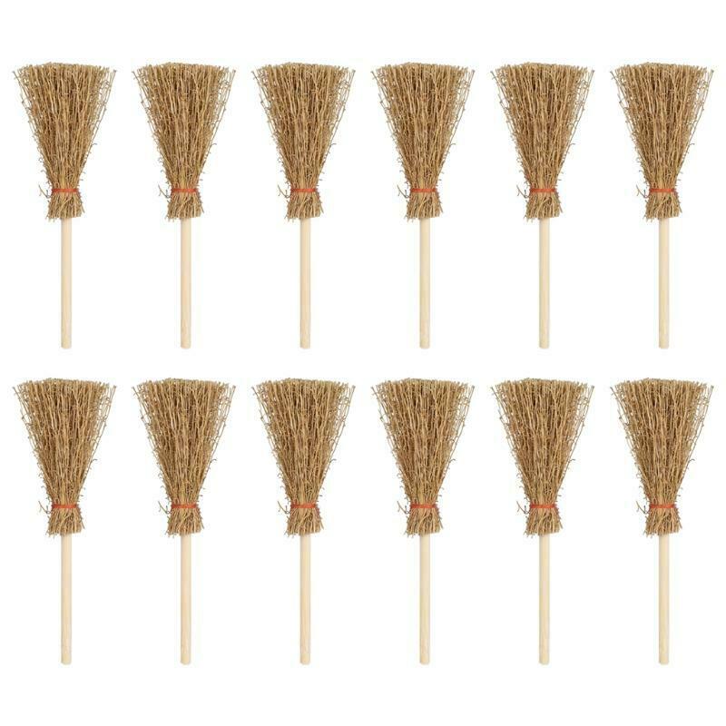 12pcs Mini Broom Red Rope Straw Brooms Hanging Decorations for Halloween Party