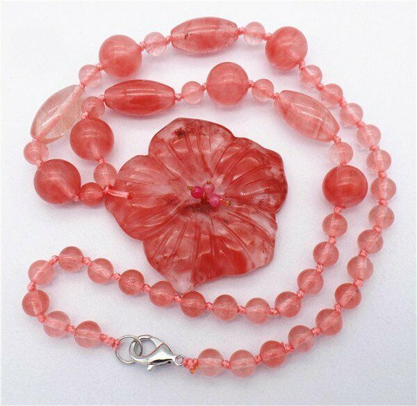 1 Strand 50x8mm Red Cherry Quartz Carved Flower Pendant Beaded Necklace HH7342