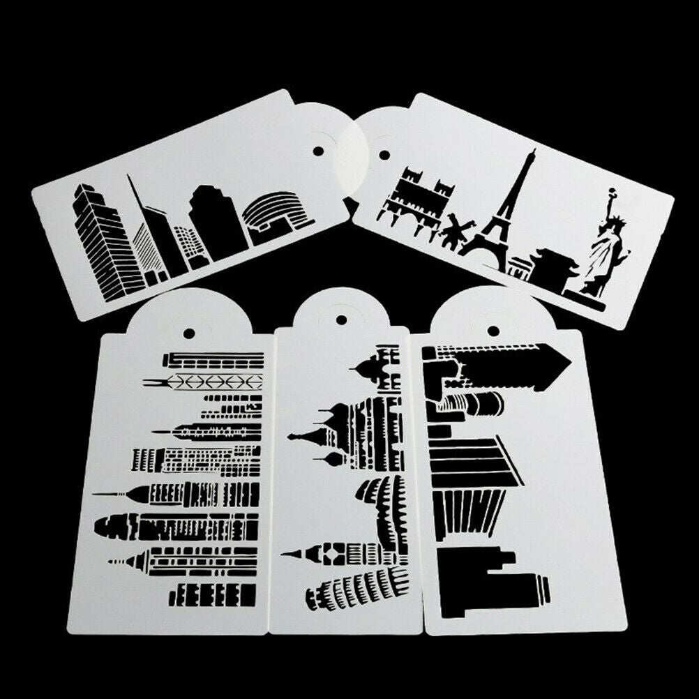 5PCS Buildings Cake Stencils Cookies Mousse Mold Coffee Template Bakingcraft Tt