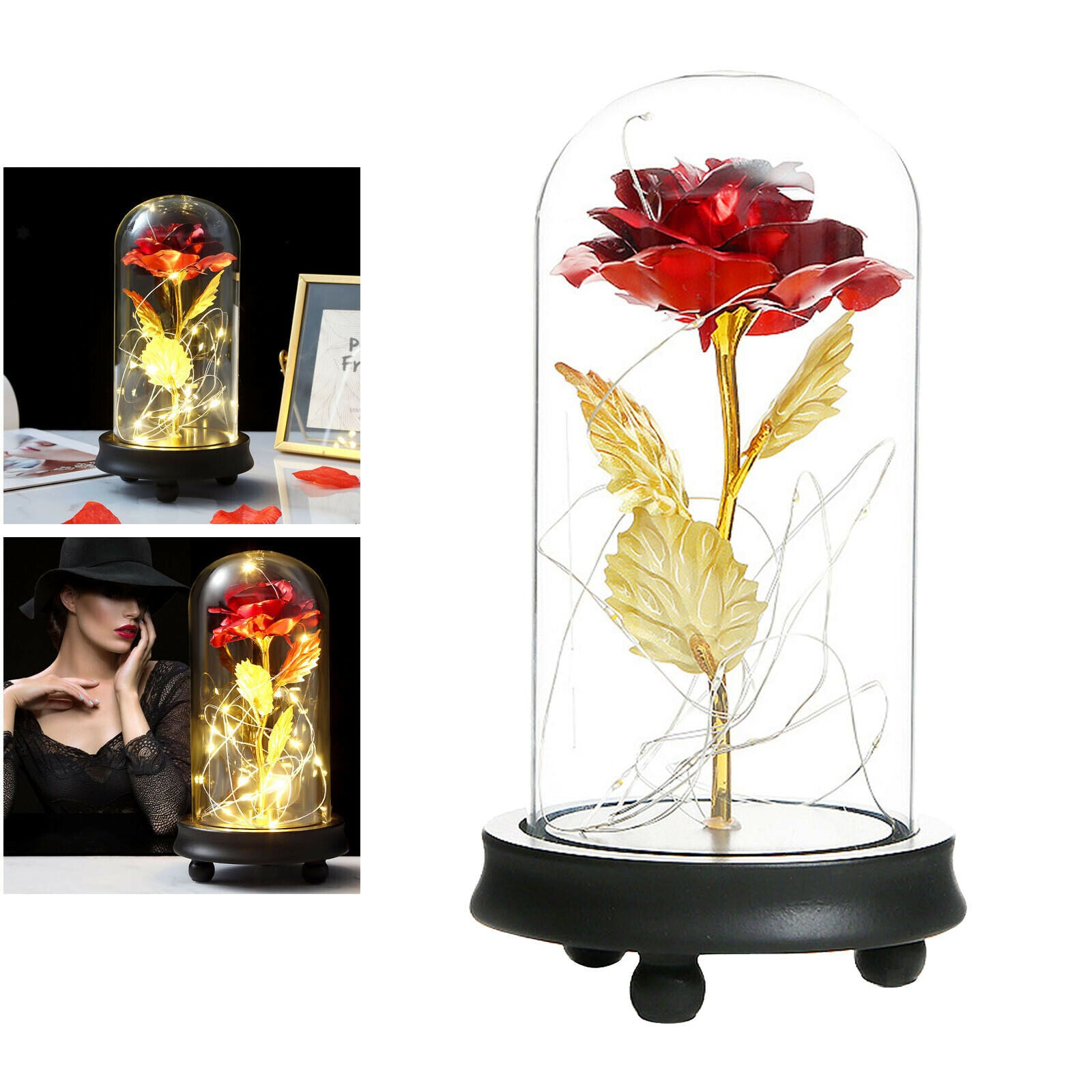 Rose in Glass Dome Flower LED Lamp Night Light for Wedding Anniversary