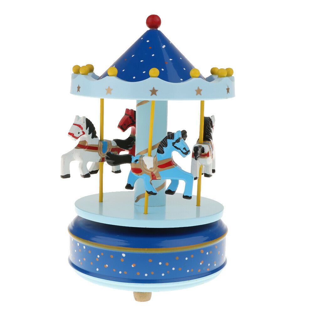 Wooden Merry-GO-Round Carousel Music Box  Wind Up Music Box  Blue with Dot