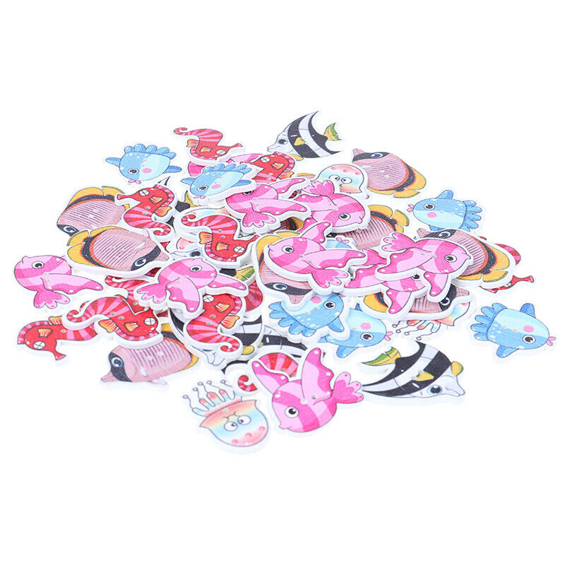 50PCs Wooden Buttons Colorful Mixed Fish Scrapbook Sewing Accessories DIY.l8