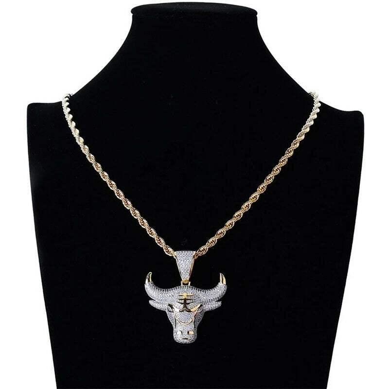 Hip Hop Fashion Full Rhinestone Bull Head Pendant Necklace Stainless Steel Ch Qx