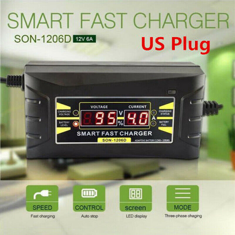 12V 6A Car Motorcycle Smart Fast Lead-acid Battery Charger LCD Display US PlBDA