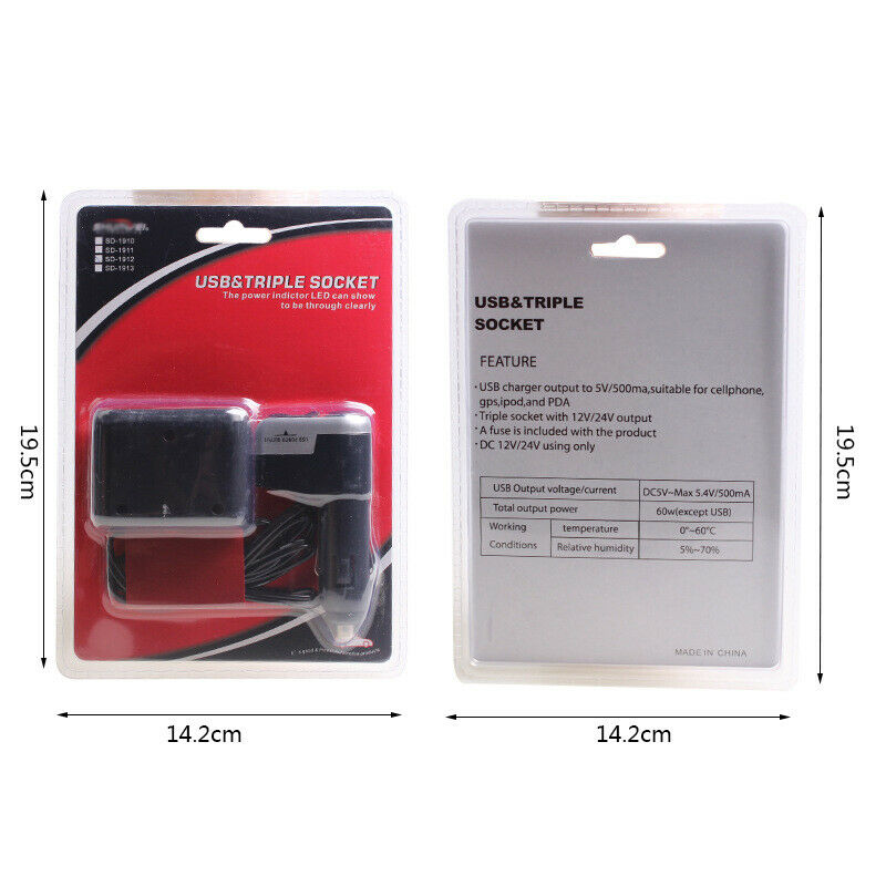 Car Cigarette Llighter Power Supply Charging Distributor with USB Port Universal