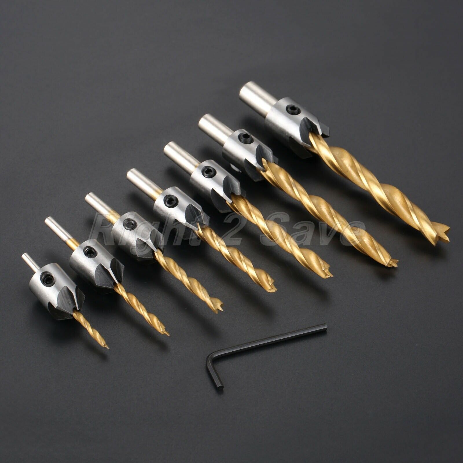 7Pcs HSS 5 Flutes Countersink Drill Bits Set Chamfer Hex Shank Woodworking Tool