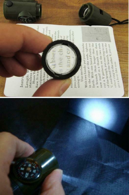 7in1Outdoor Lifesaving Whistle Compass Thermometer LED Flashlight Fire Magnifier