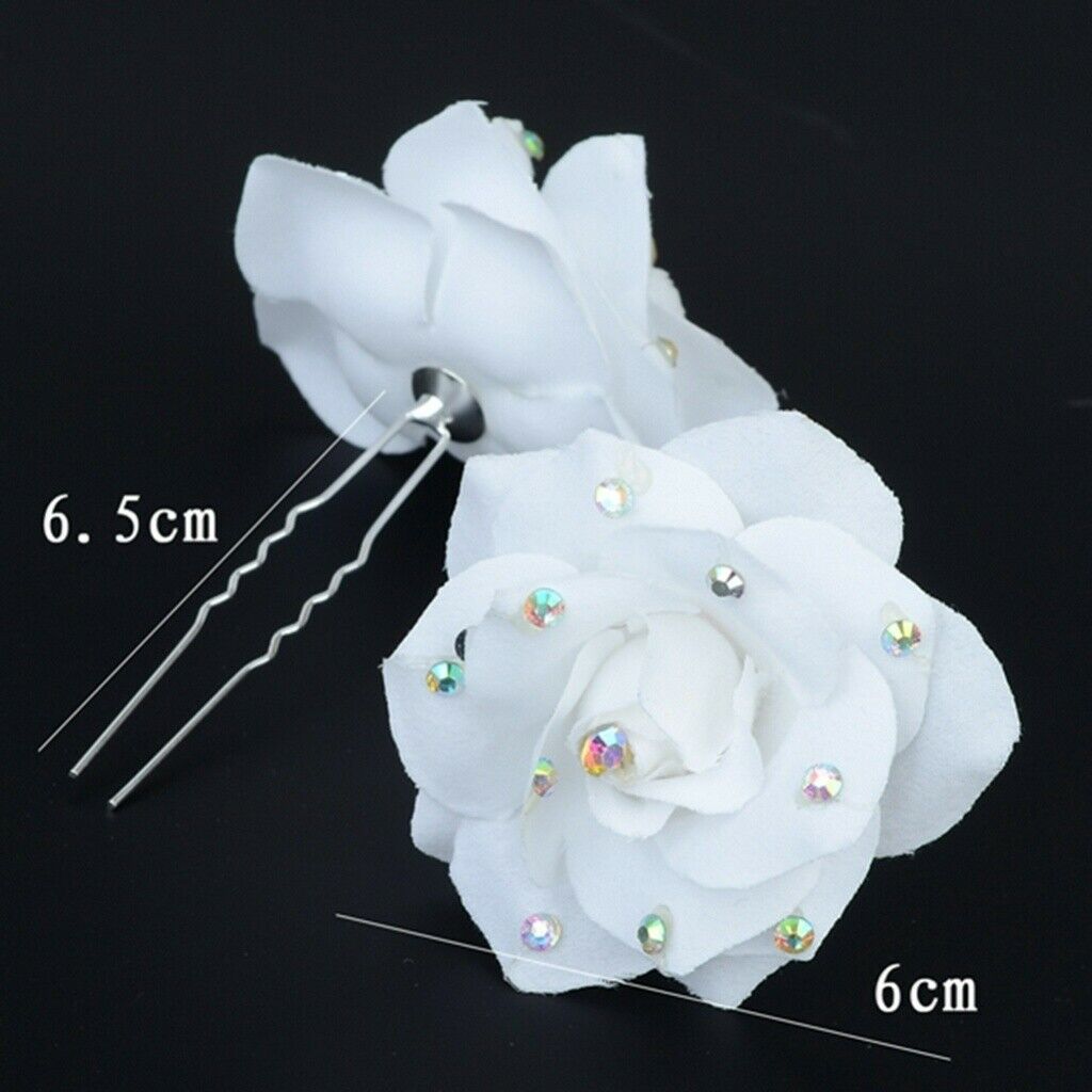 Women Hair Clips 10pcs White Rose Cloth Crystal U-shaped Hair Pin Barrette Party