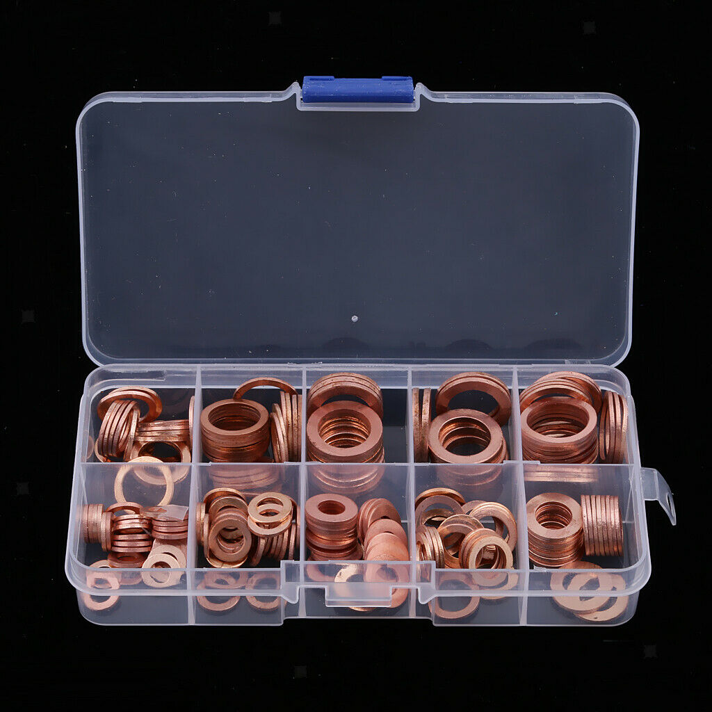 200 Pieces Flat Ring Copper Washer Gasket Assortment Set with Box