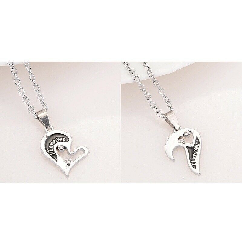Couple Pendant Necklace Rhinestone I Love You Heart Puzzle Matching Pendant