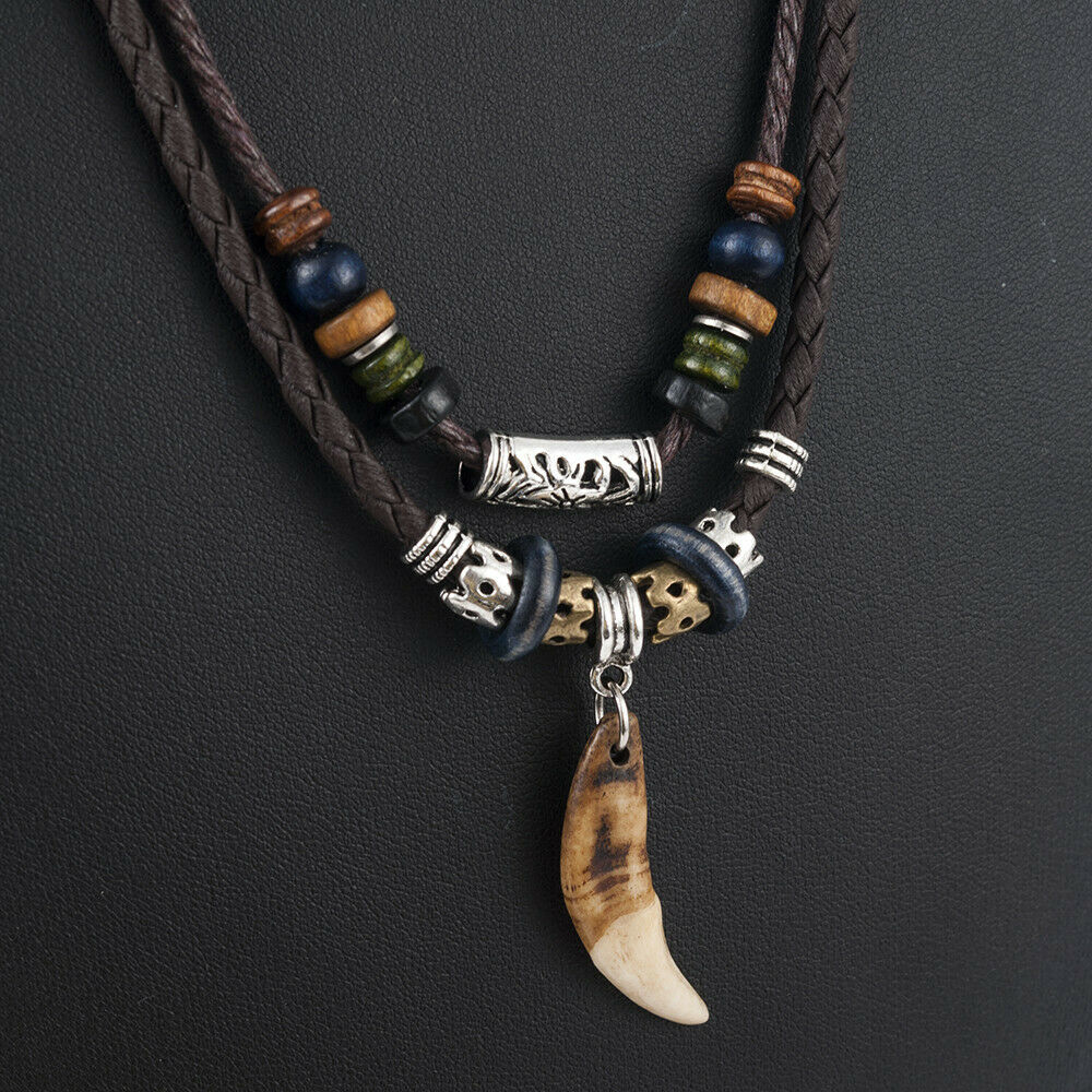 1PC Men's Bohemia Wolf Tooth Pendant Leather Beaded Weaved Necklace Jewelry Punk