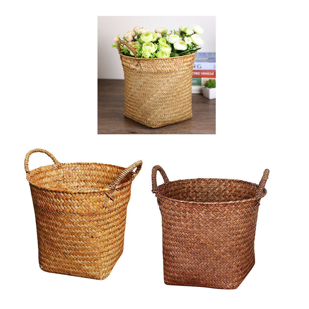 2x Rattan Straw Storage Basket Handcrafts for Grocery Bag Flowerpots 15x18cm