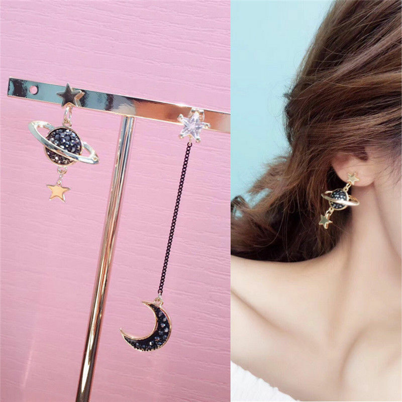 Women Asymmetric Earrings Crystal Moon Star Planet Drop Dangle Stud Xmas Jewelry