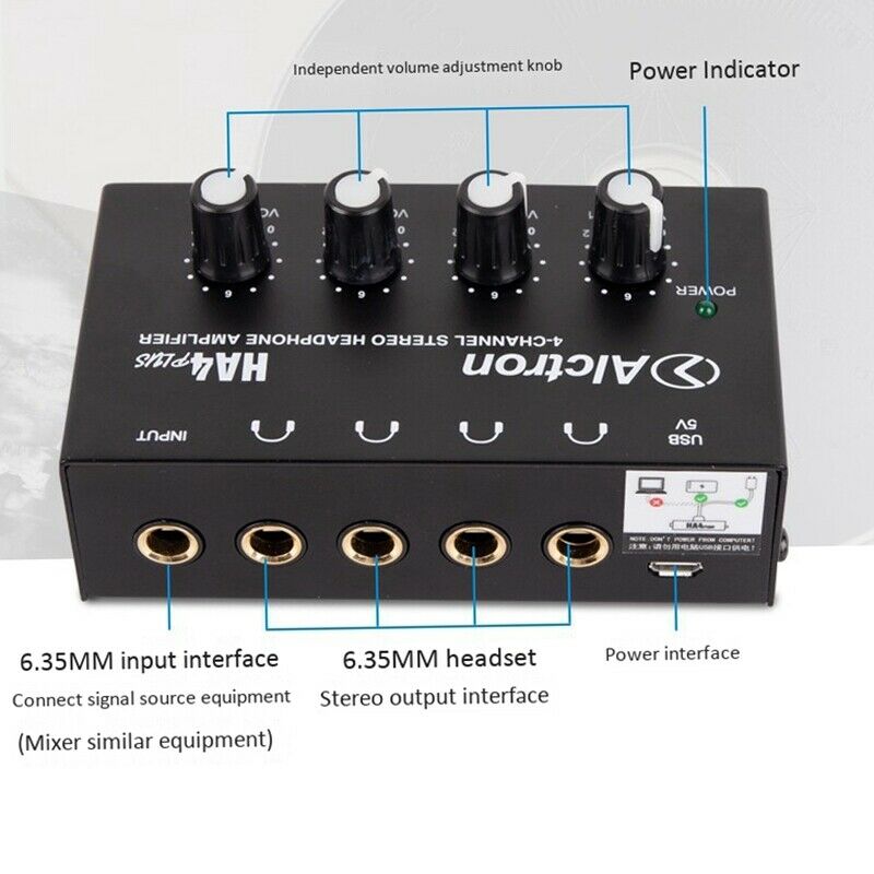 Alctron 4-Channel Portable Stereo Headphone Amplifier Mini Earphone Splitter AU2
