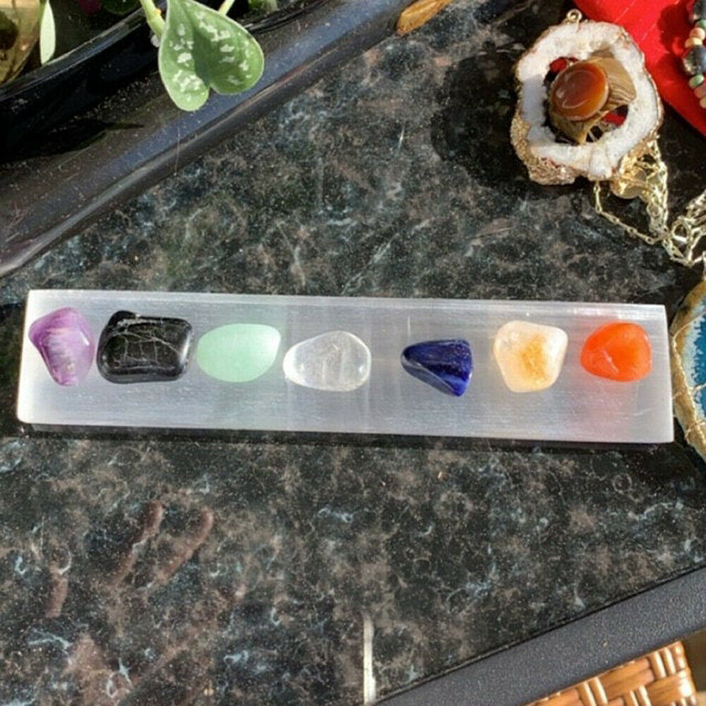 7 Chakra Stones Chunks Set With Selenite Charging Plate & Chakra Healing Guide