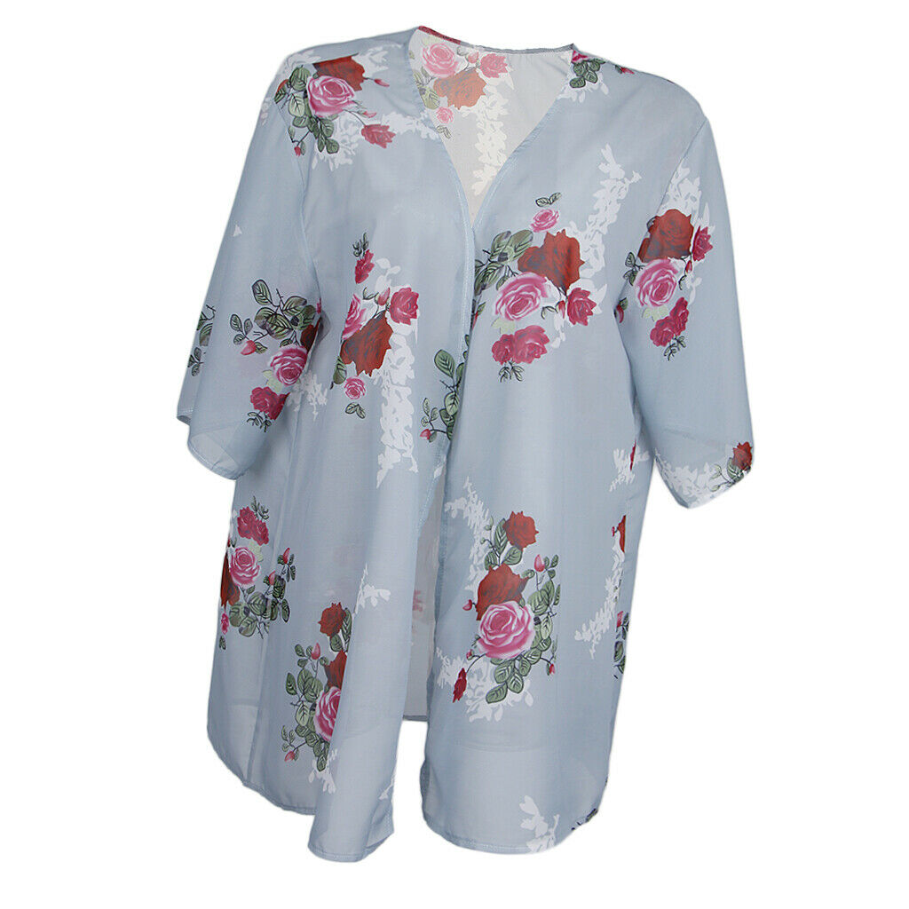 Summer Floral Prints Chiffon Cardigan Kimono Beachwear Top Bikini Cover Up Gray