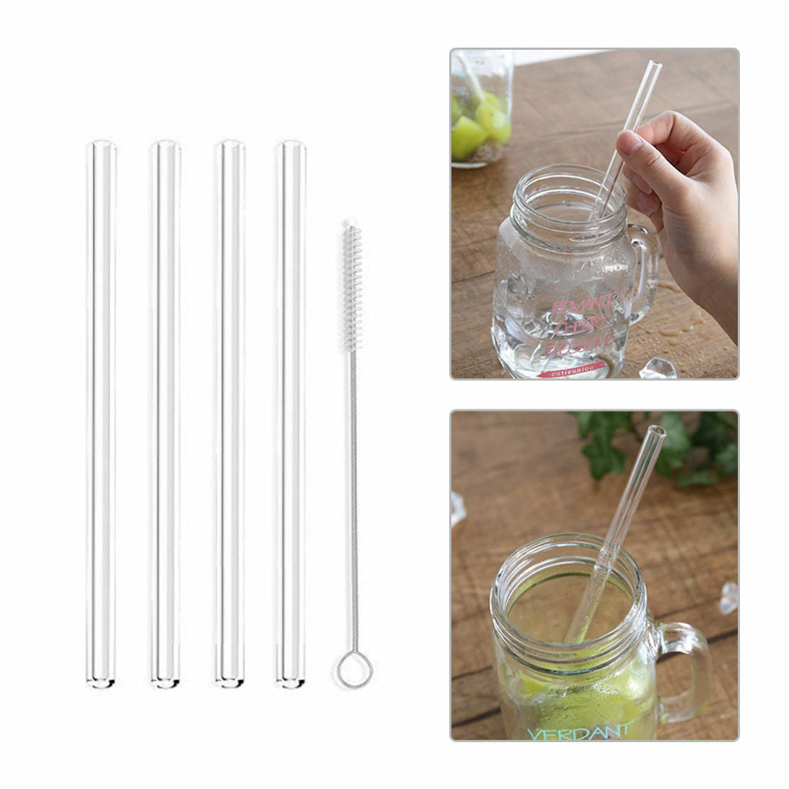 Eco Friendly 4 Pack GLASS Drinking Straws Cleaning Brush Party Use Shake Straw