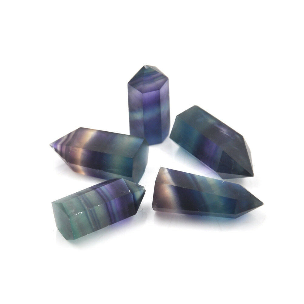 1X Natural Hexagonal Crystal Quartz Healing Fluorite Wand Stone Colourful .l8