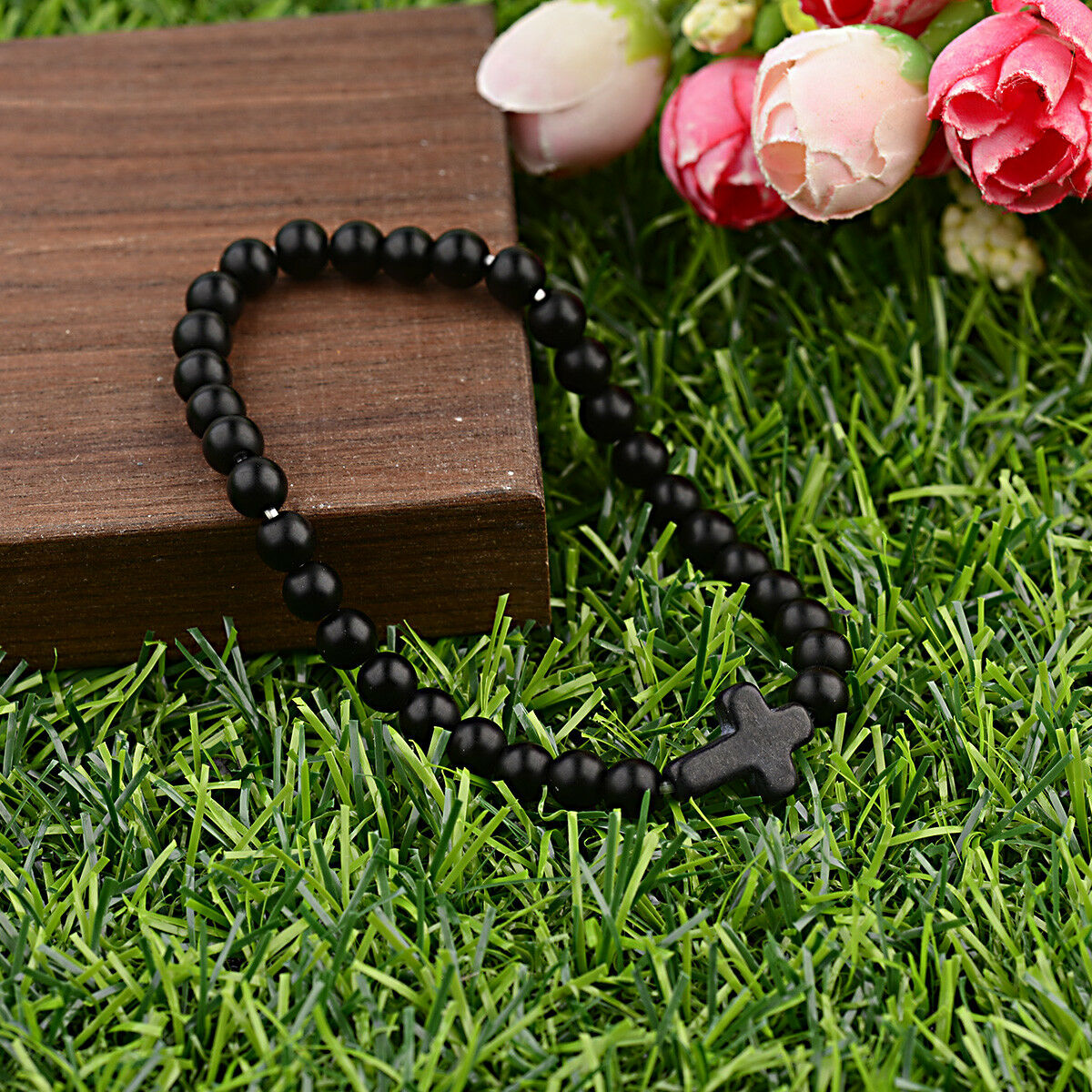 Matte Onyx Stone Cross Yoga Beaded Bracelet Boyfriend Gift Jewelry Men Wristband