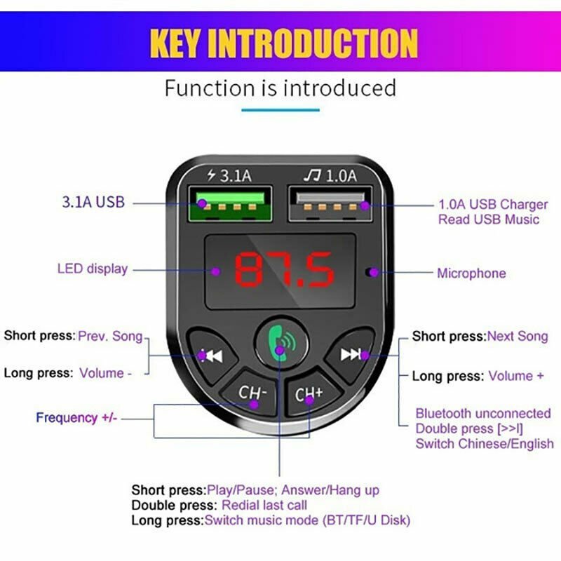 Bluetooth 5.0 FM Transmitter Car Set MP3 Modulator Player Audio Receiver ChaBDA