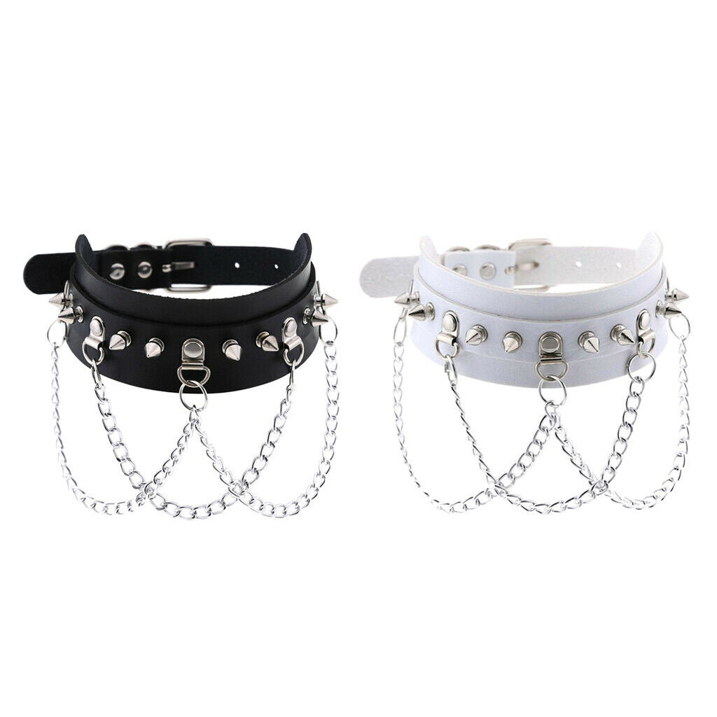2Pcs Pu Leather Choker Collar Women Men Studs Chains Necklace Rock Jewelry